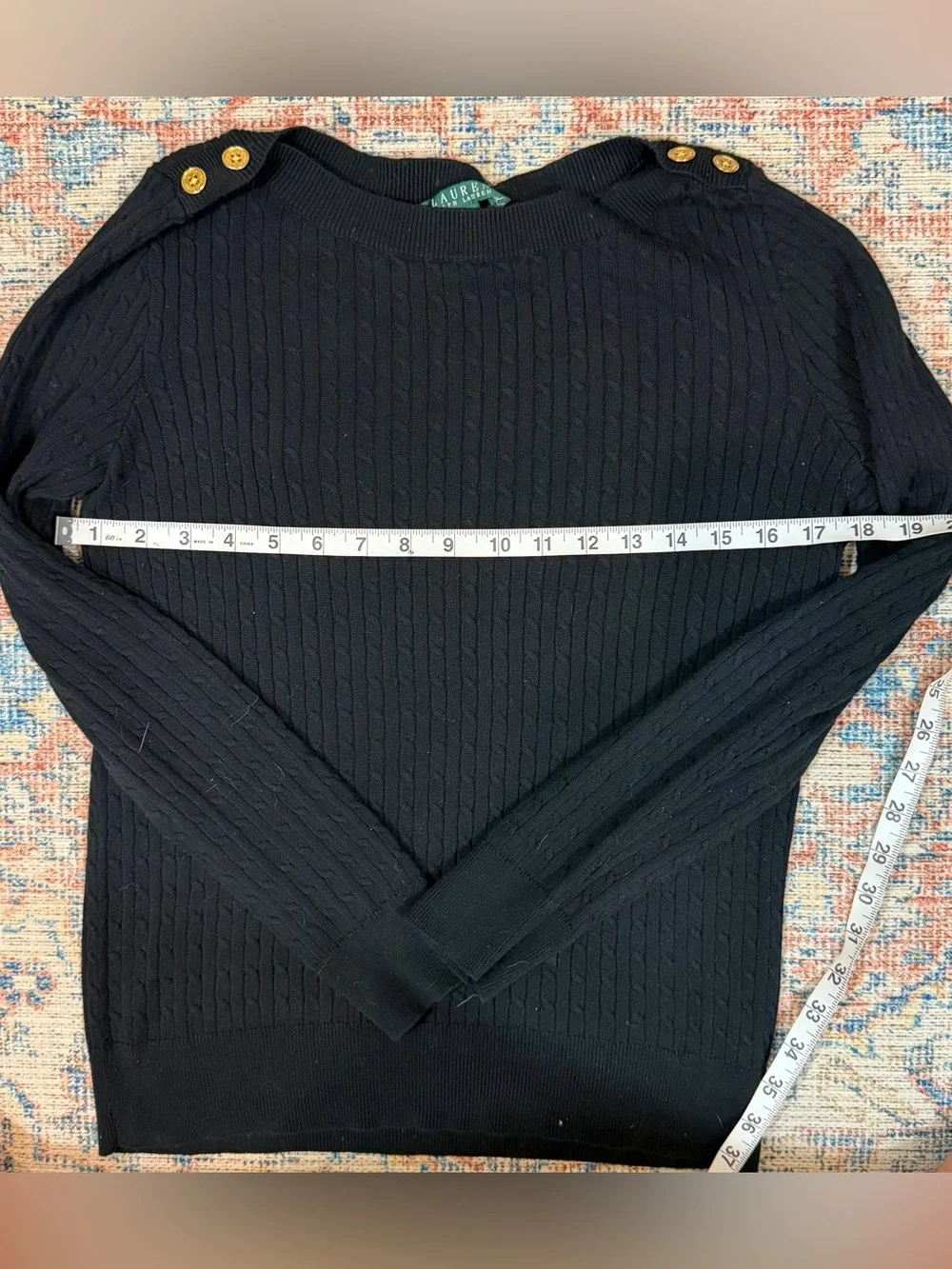 Lauren Ralph Lauren Black Cable Knit Gold Button Shoulder Sweater Cotton M Fall